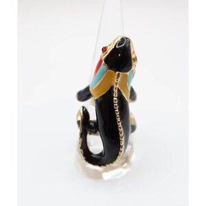 Gold Tone Enamel Lizard Ring Size 8.75 Rhinestone Eye Black Gecko Chameleon